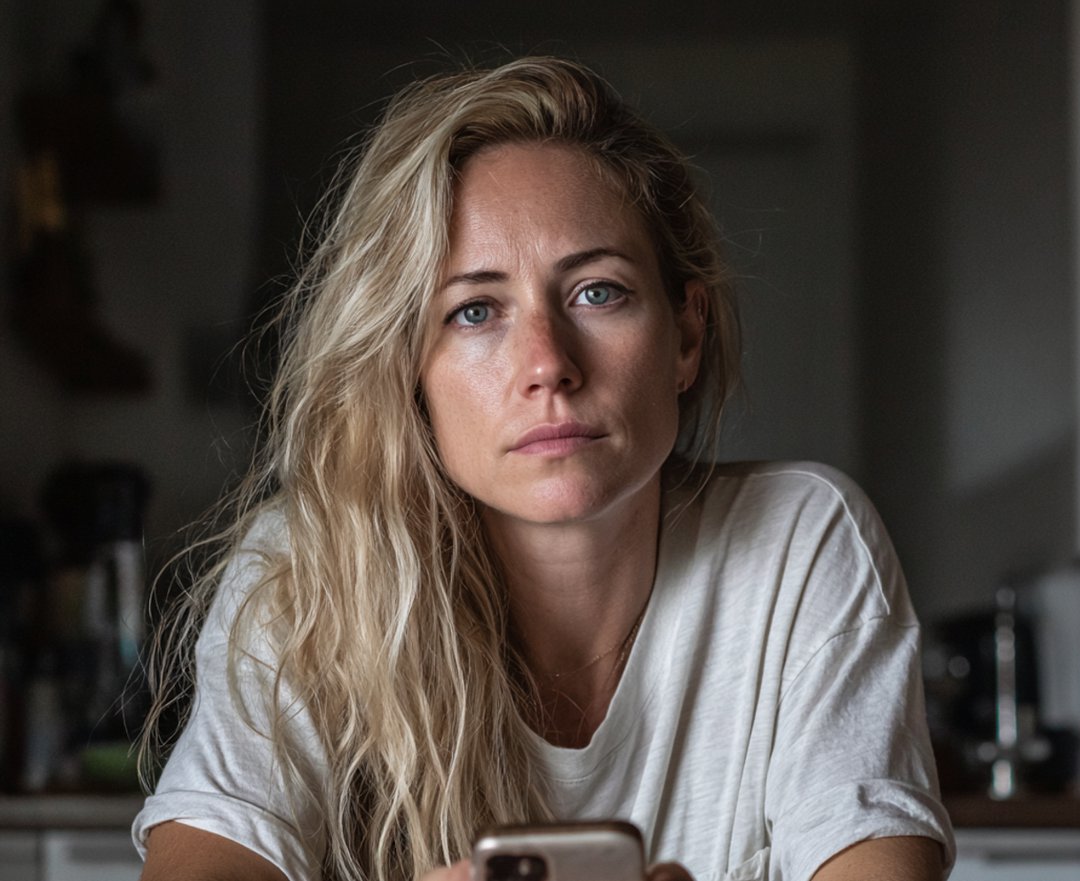 A woman sitting at a table and using her phone | Source: Midjourney