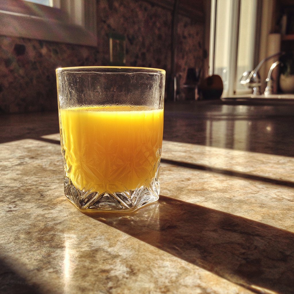 A glass of juice on a kitchen counter | Source: Midjourney