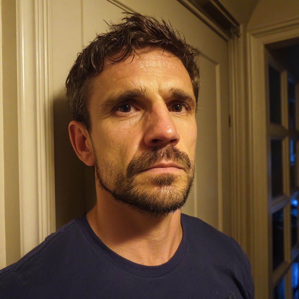 A pensive man wearing a navy t-shirt | Source: Midjourney