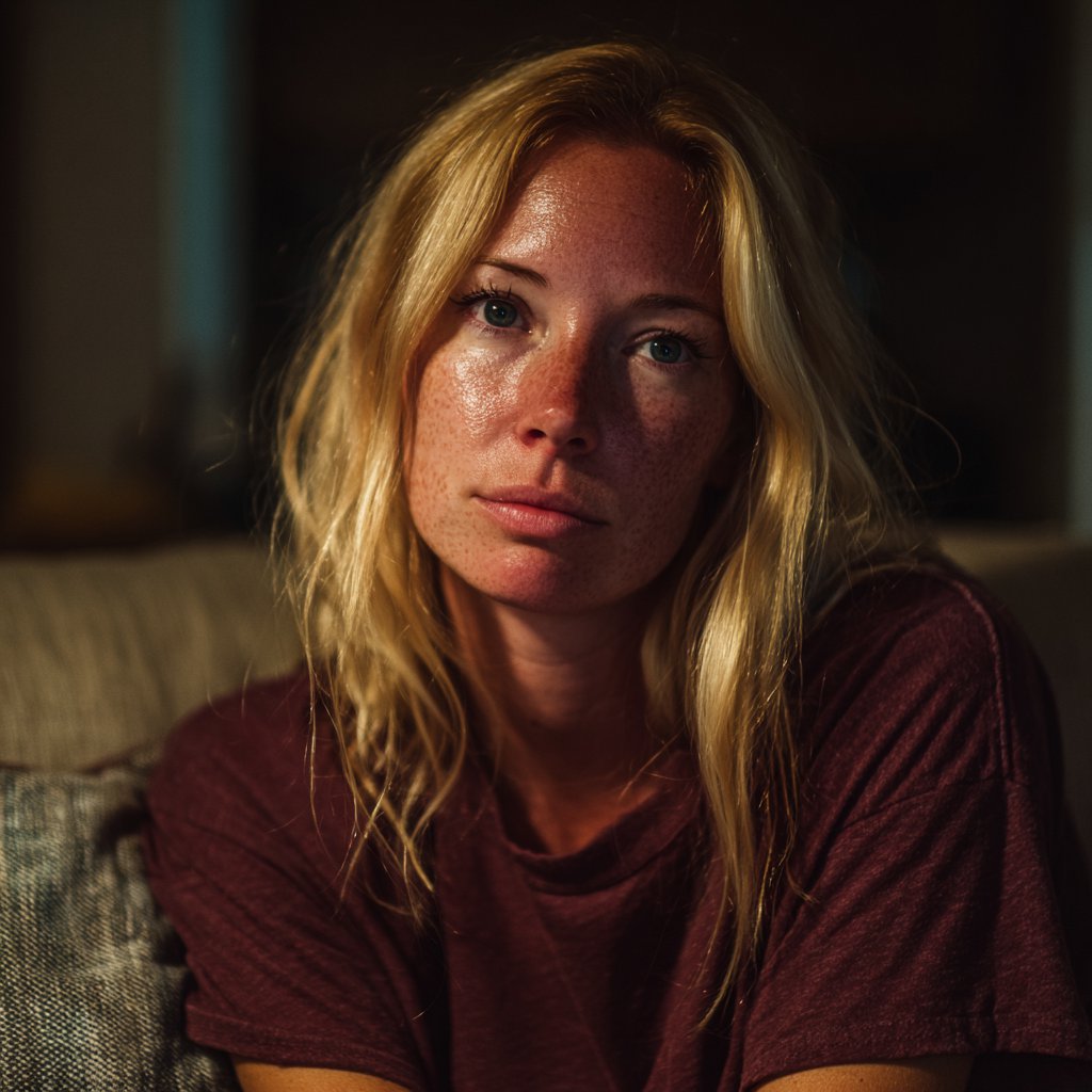 An emotional woman sitting on a couch | Source: Midjourney