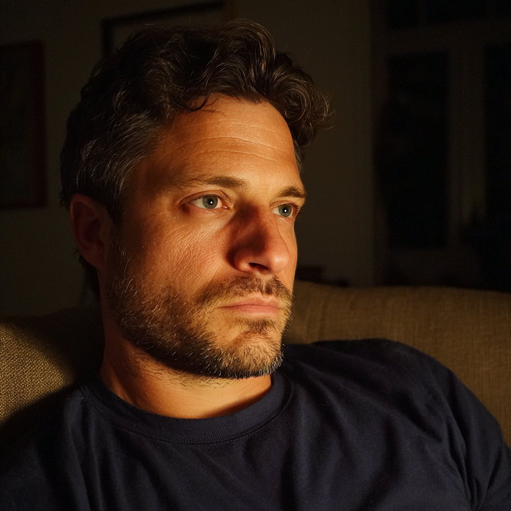 A concerned man sitting on a couch | Source: Midjourney