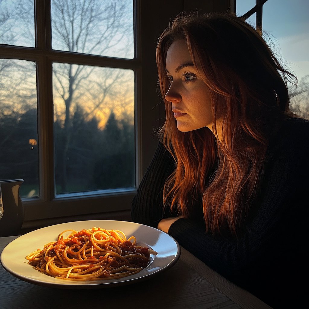 A pensive woman sitting at a dining table | Source: Midjourney