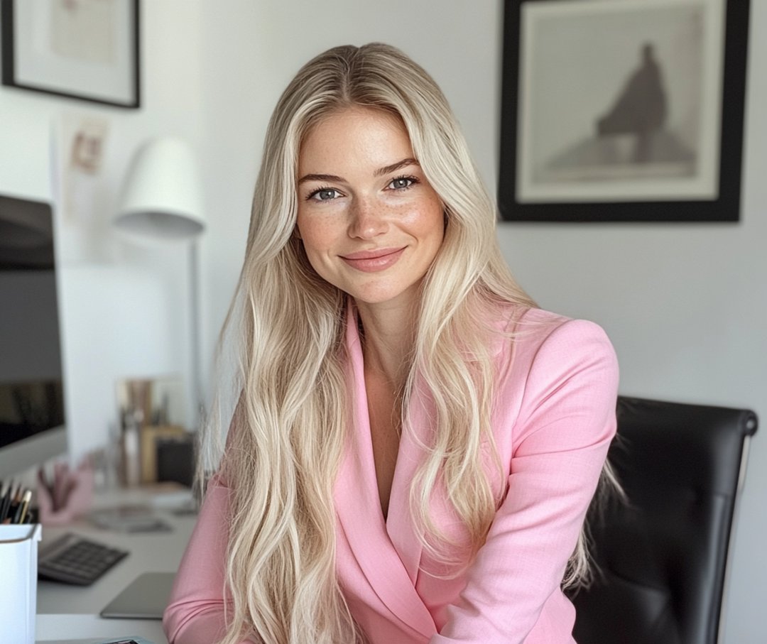 A smiling woman wearing a pink suit | Source: Midjourney