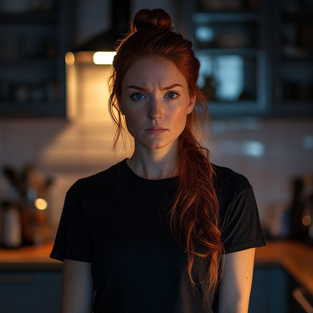 An upset woman standing in a kitchen | Source: Midjourney