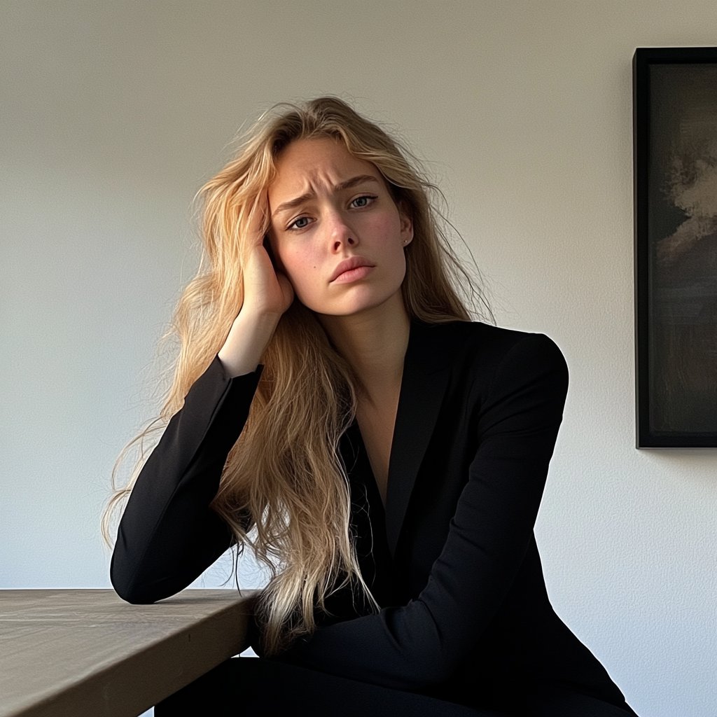 An upset woman sitting at a table | Source: Midjourney