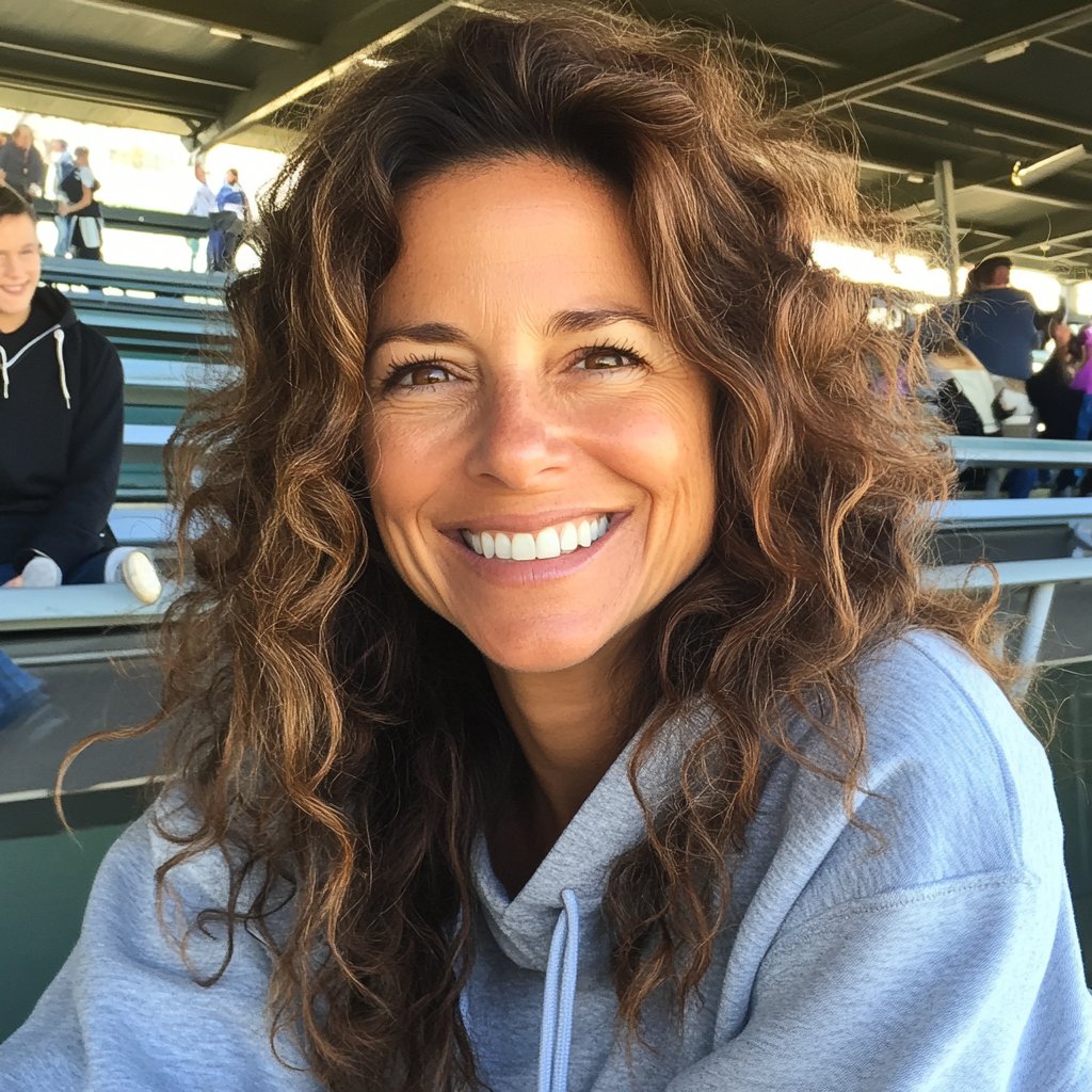 A woman sitting on bleachers at a school game | Source: Midjourney