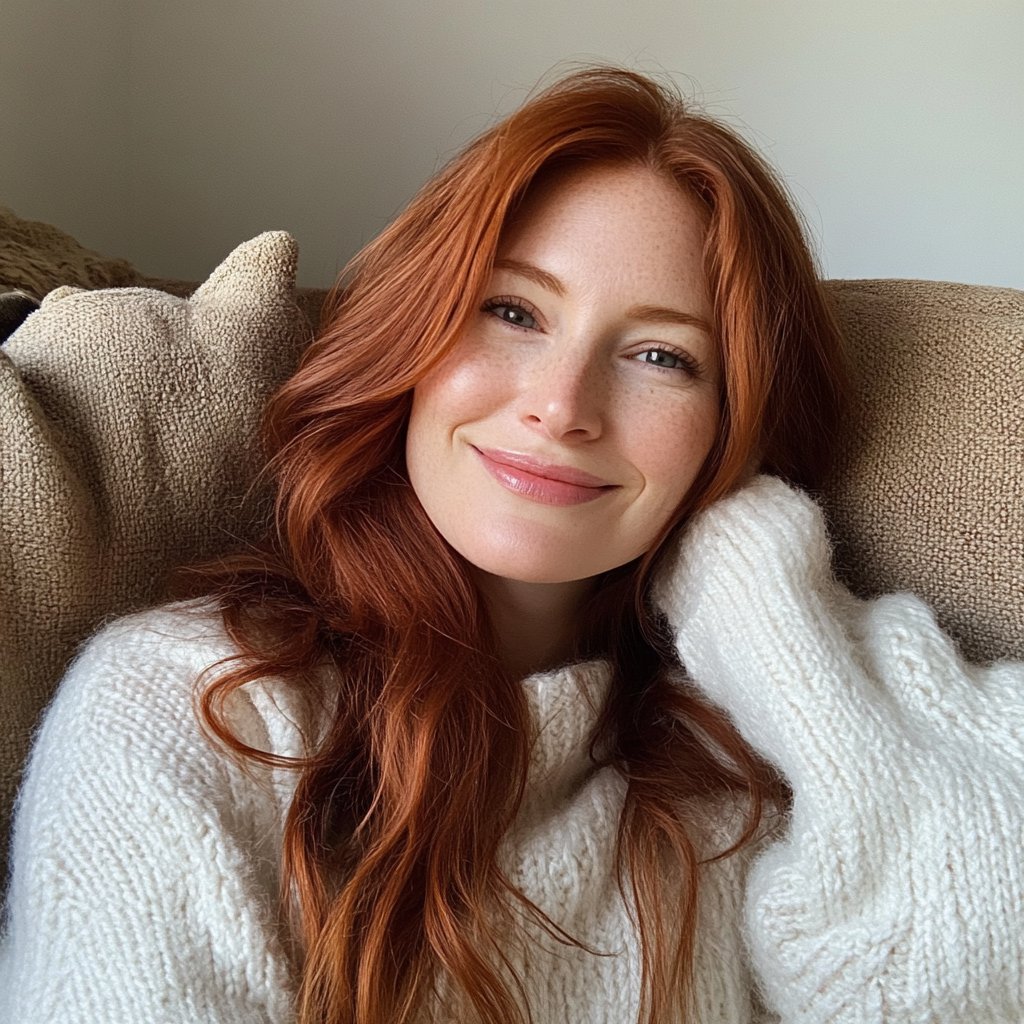 A smiling woman sitting on a couch | Source: Midjourney