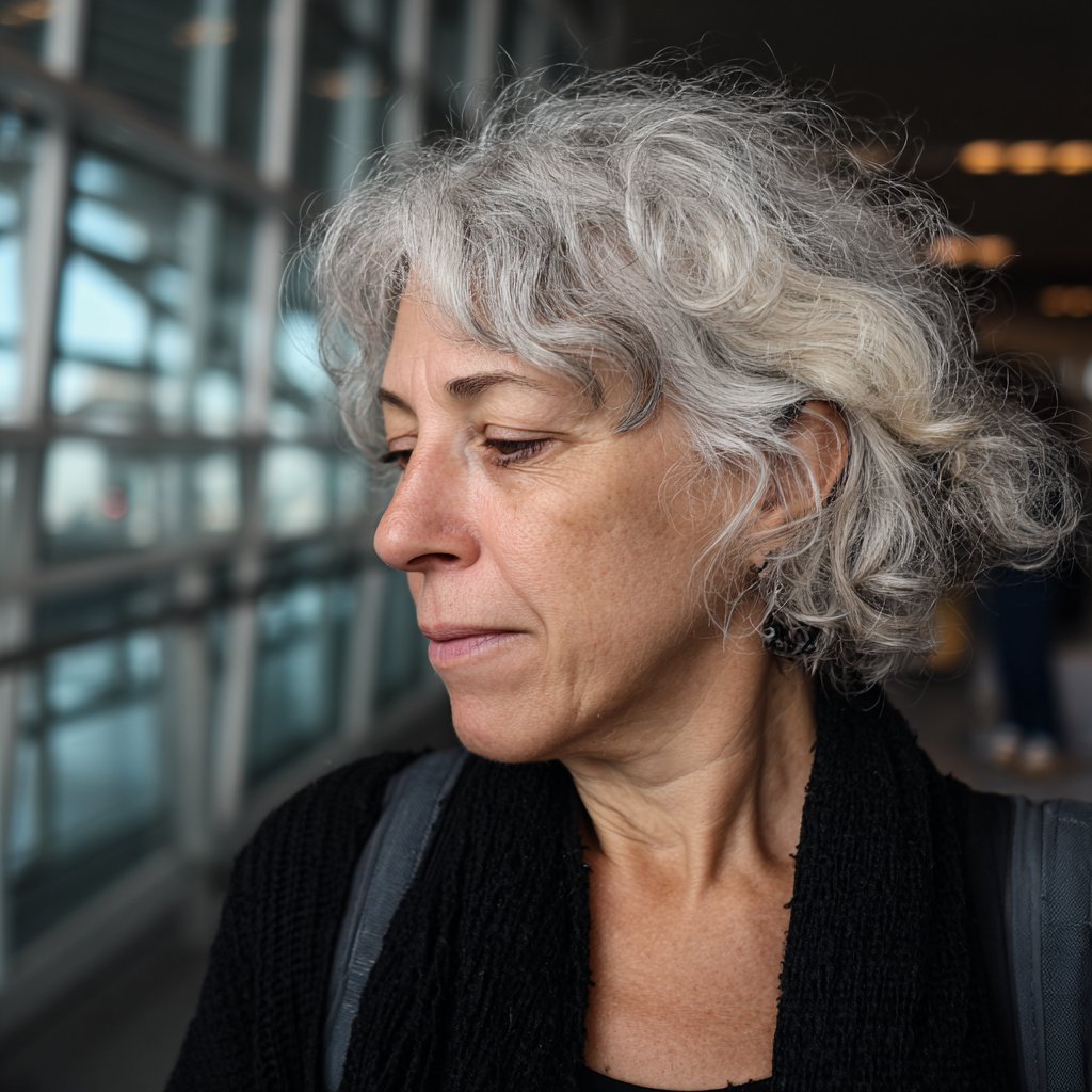 An older woman standing in an airport and wearing a black cardigan | Source: Midjourney