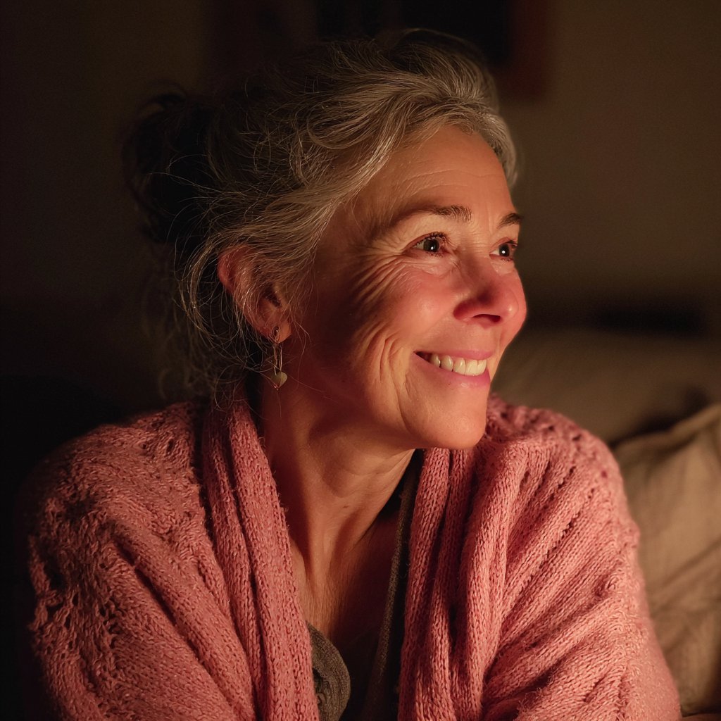 A smiling woman sitting on a couch | Source: Midjourney