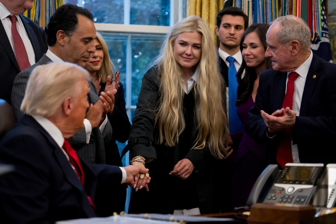 US President Donald Trump and Erika Kirk greet each other during the swearing-in ceremony of US Ambassador to India Sergio Gor in the Oval Office of the White House on November 10, 2025, in Washington, DC | Source: Getty Images