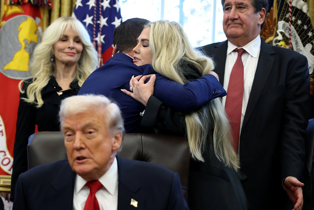 Erika Kirk and Sergio Gor hug during his swearing-in ceremony as US Ambassador to India in the Oval Office of the White House on November 10, 2025, in Washington, DC | Source: Getty Images
