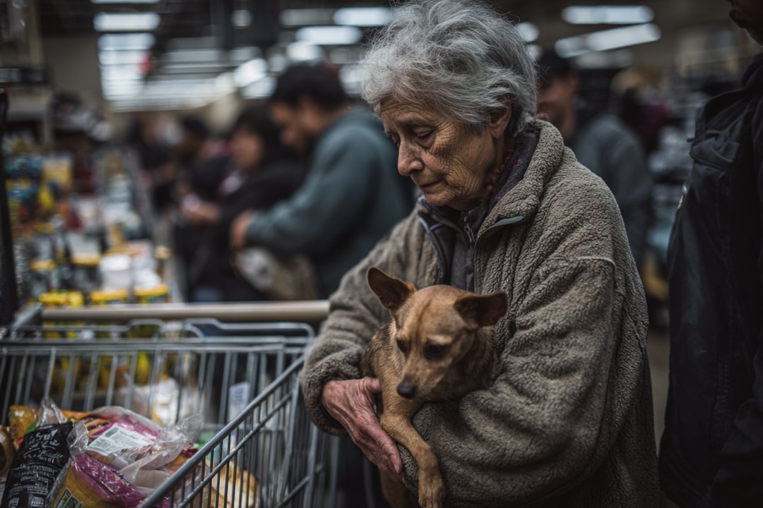 An older woman in a supermarket with her dog | Source: Midjourney