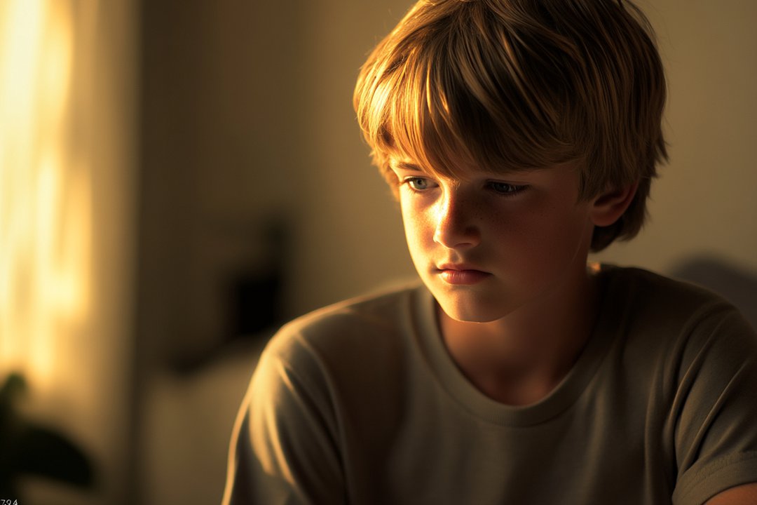 A boy sitting in a living room, looking down | Source: Midjourney