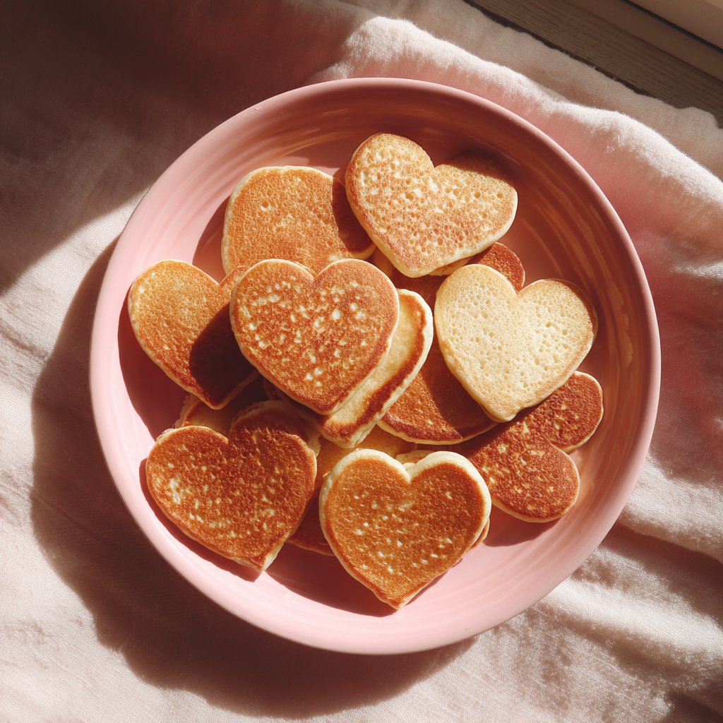 Heart-shaped pancakes on a pink plate | Source: Midjourney