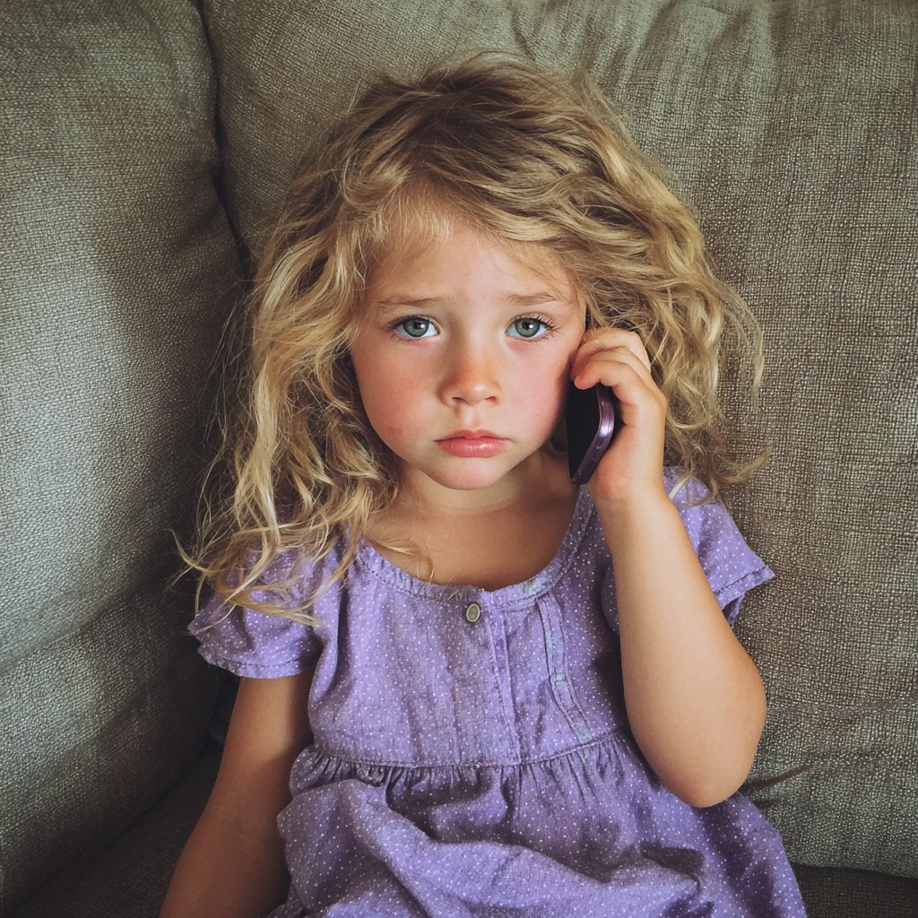 An upset little girl sitting on a couch | Source: Midjourney