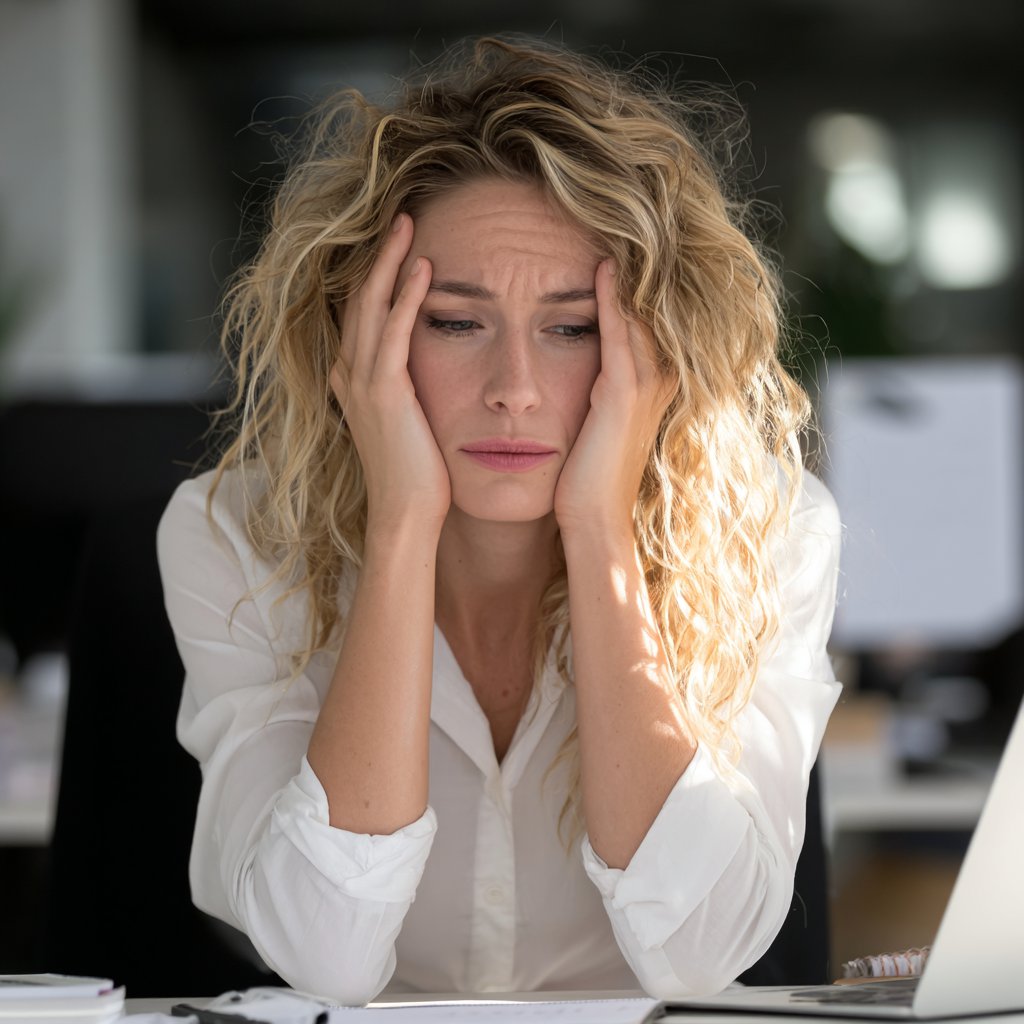 A stressed woman sitting at her desk | Source: Midjourney