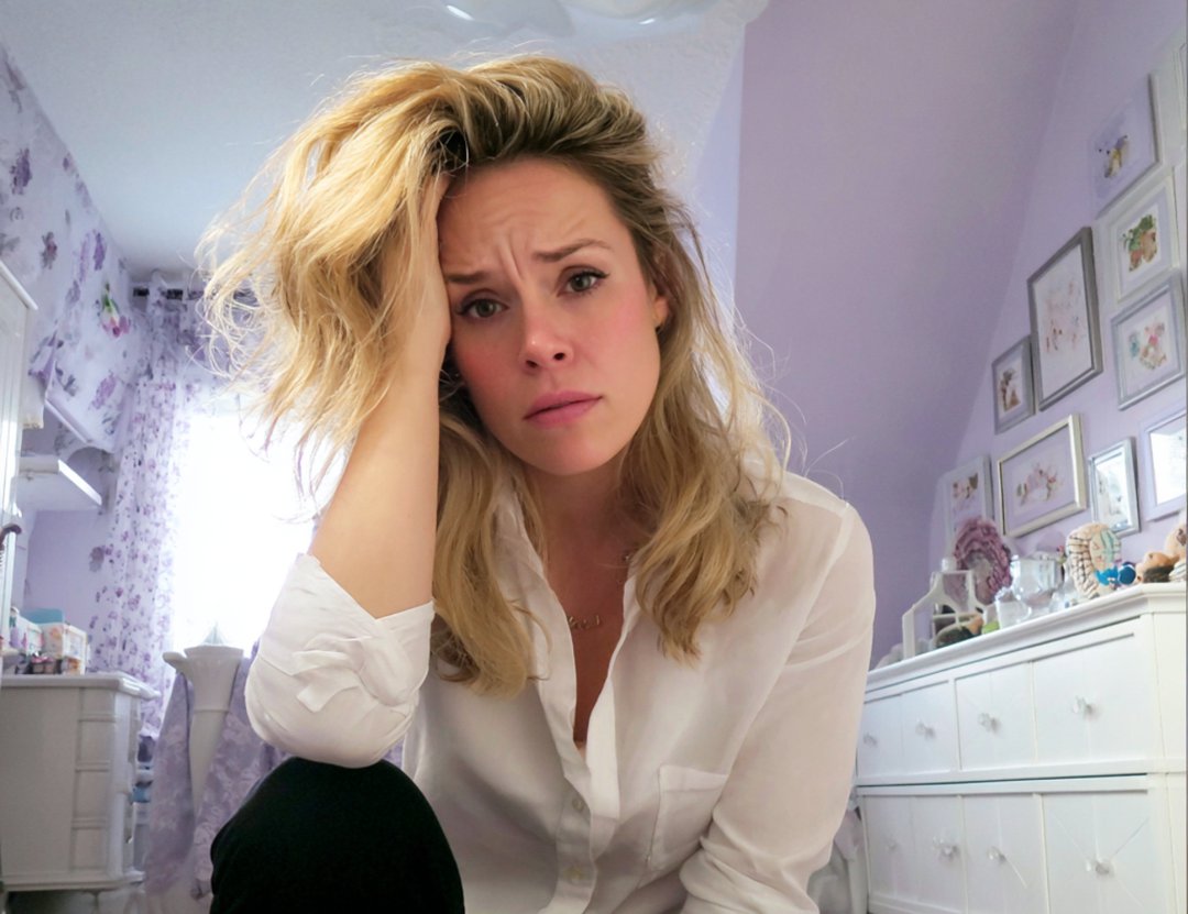 A woman sitting with her hand on her head | Source: Midjourney