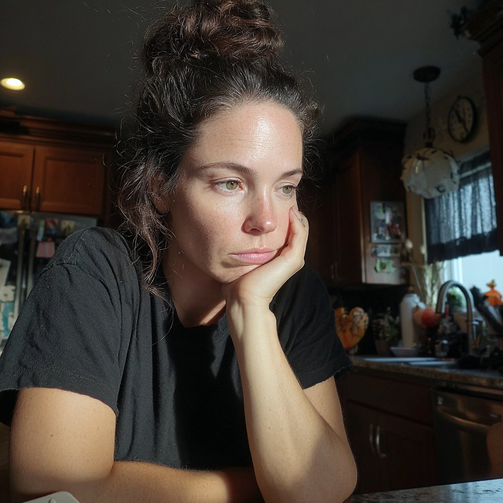 A woman sitting at a kitchen table | Source: Midjourney