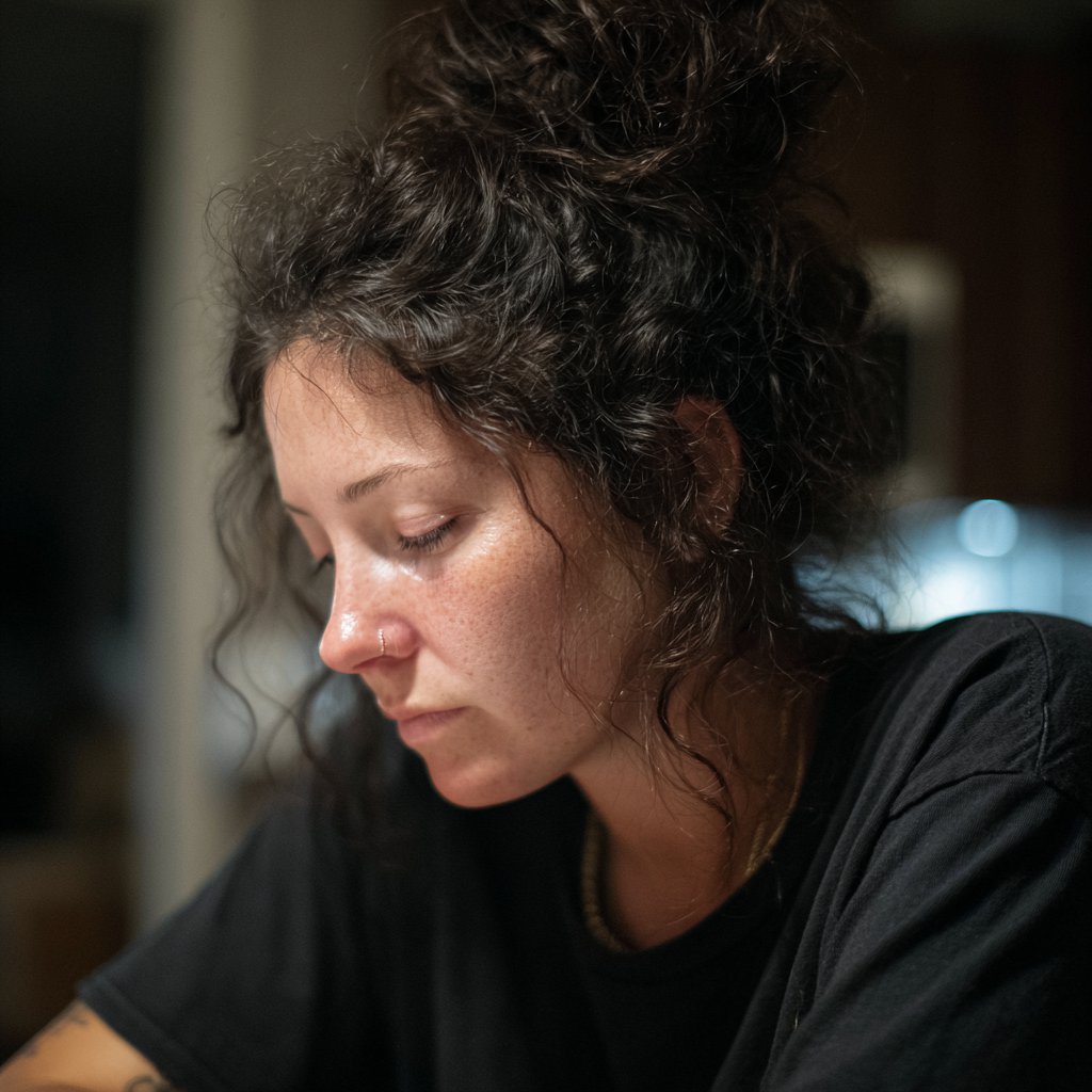 An emotional woman wearing a black t-shirt | Source: Midjourney