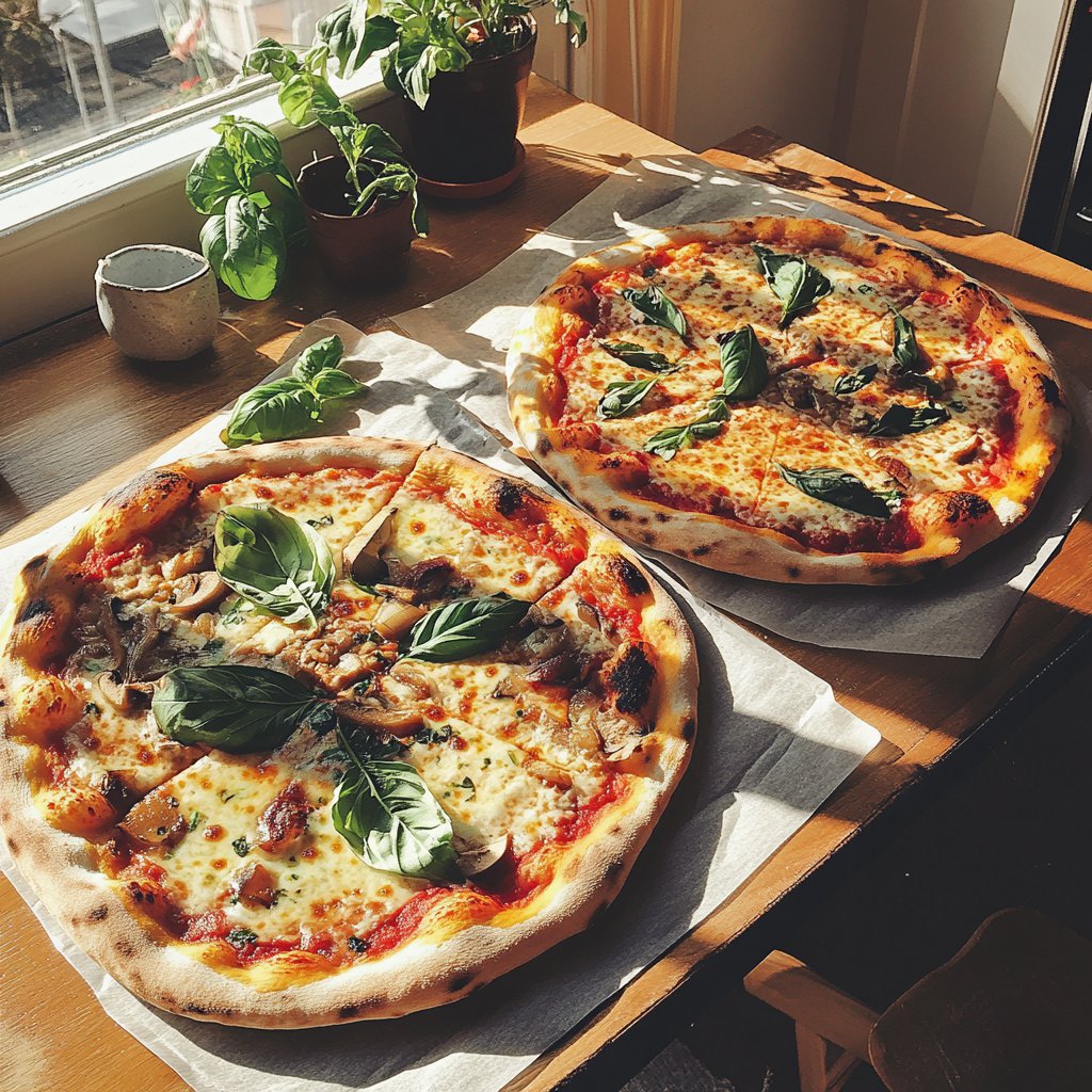 Homemade pizza on a table | Source: Midjourney