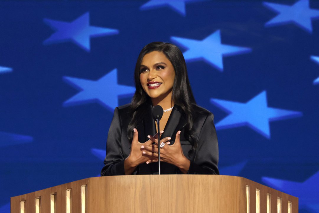 Mindy Kaling on stage during the third day of the Democratic National Convention on August 21, 2024, in Chicago, Illinois. | Source: Getty Images