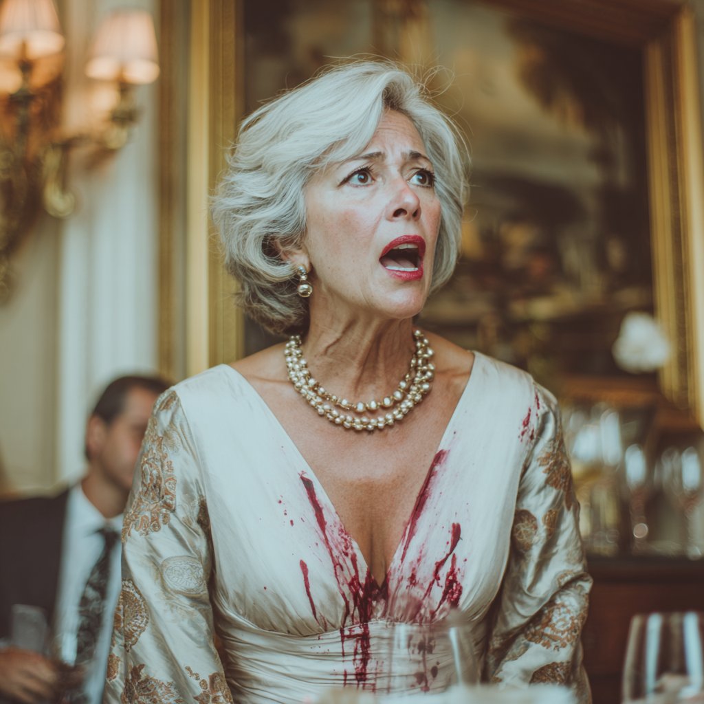 A shocked woman with a wine stain on her dress | Source: Midjourney