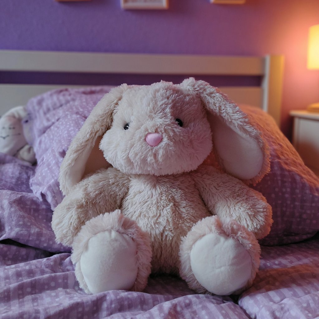 A stuffed bunny on a bed | Source: Midjourney