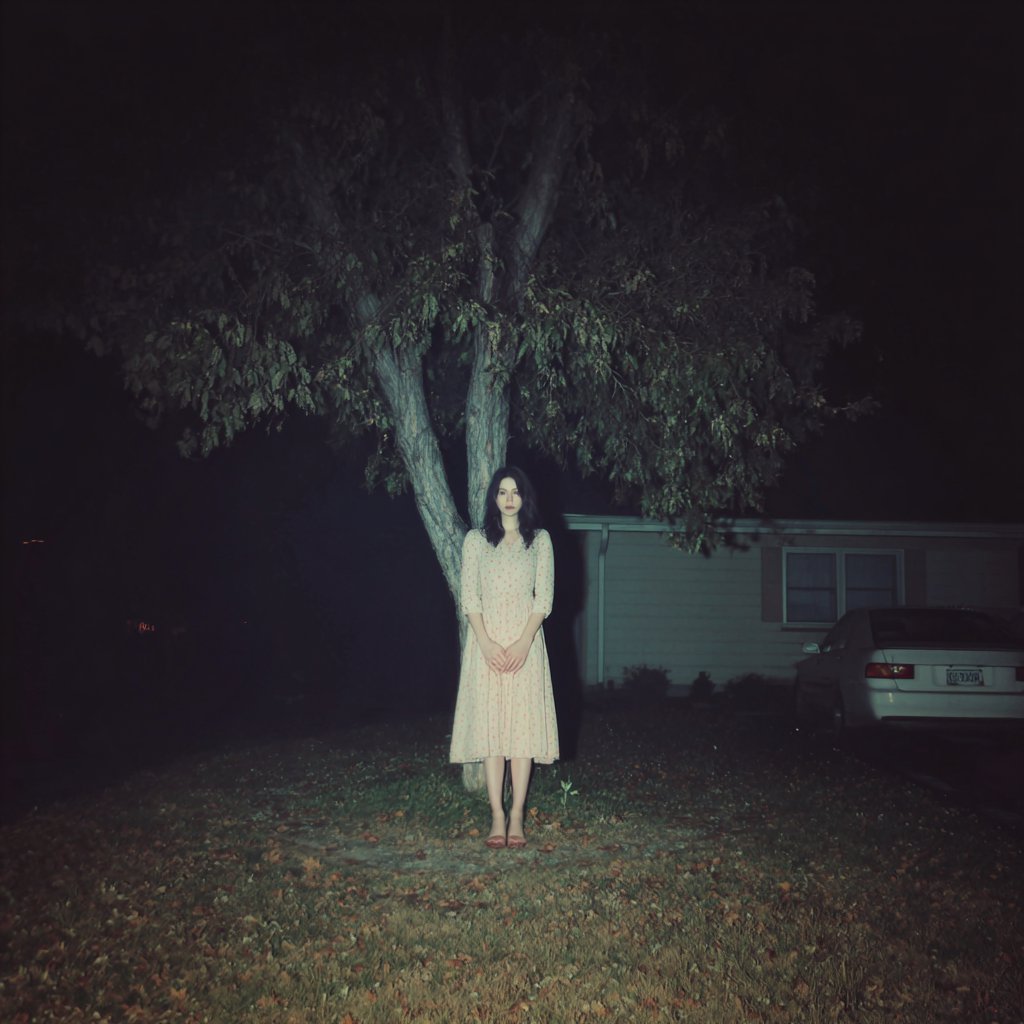 A woman standing by a tree at night | Source: Midjourney