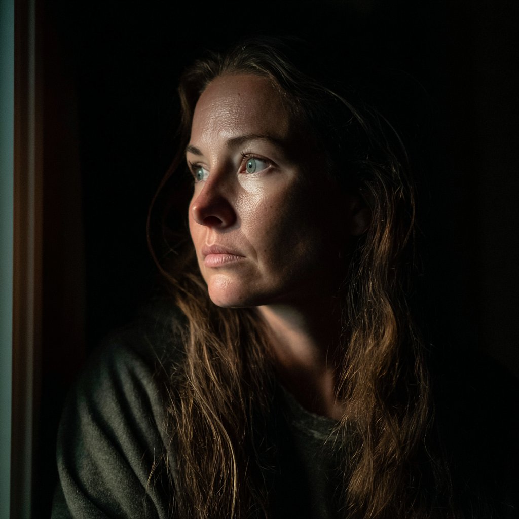 An alarmed woman looking out of a window at night | Source: Midjourney