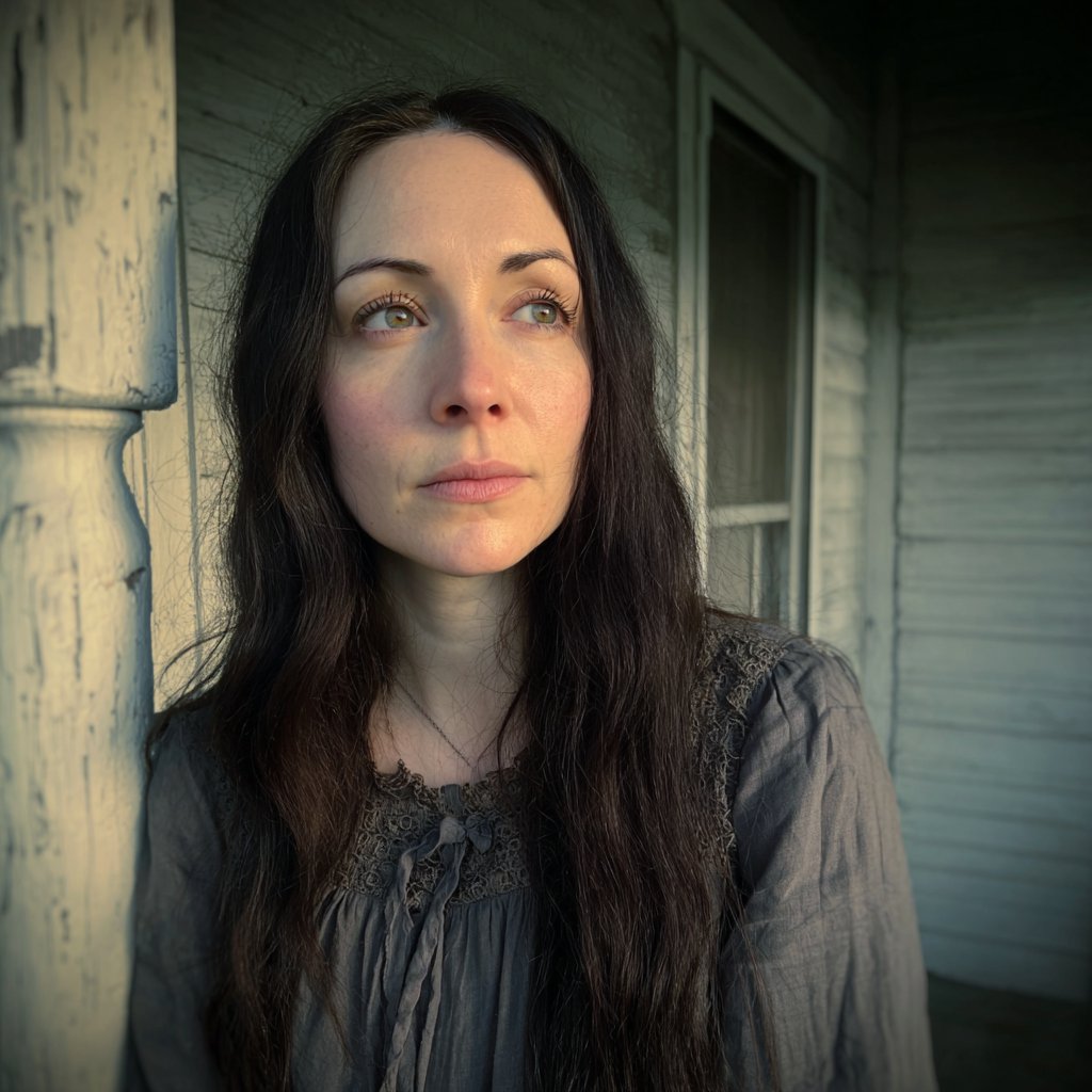 A pale woman standing on a porch | Source: Midjourney