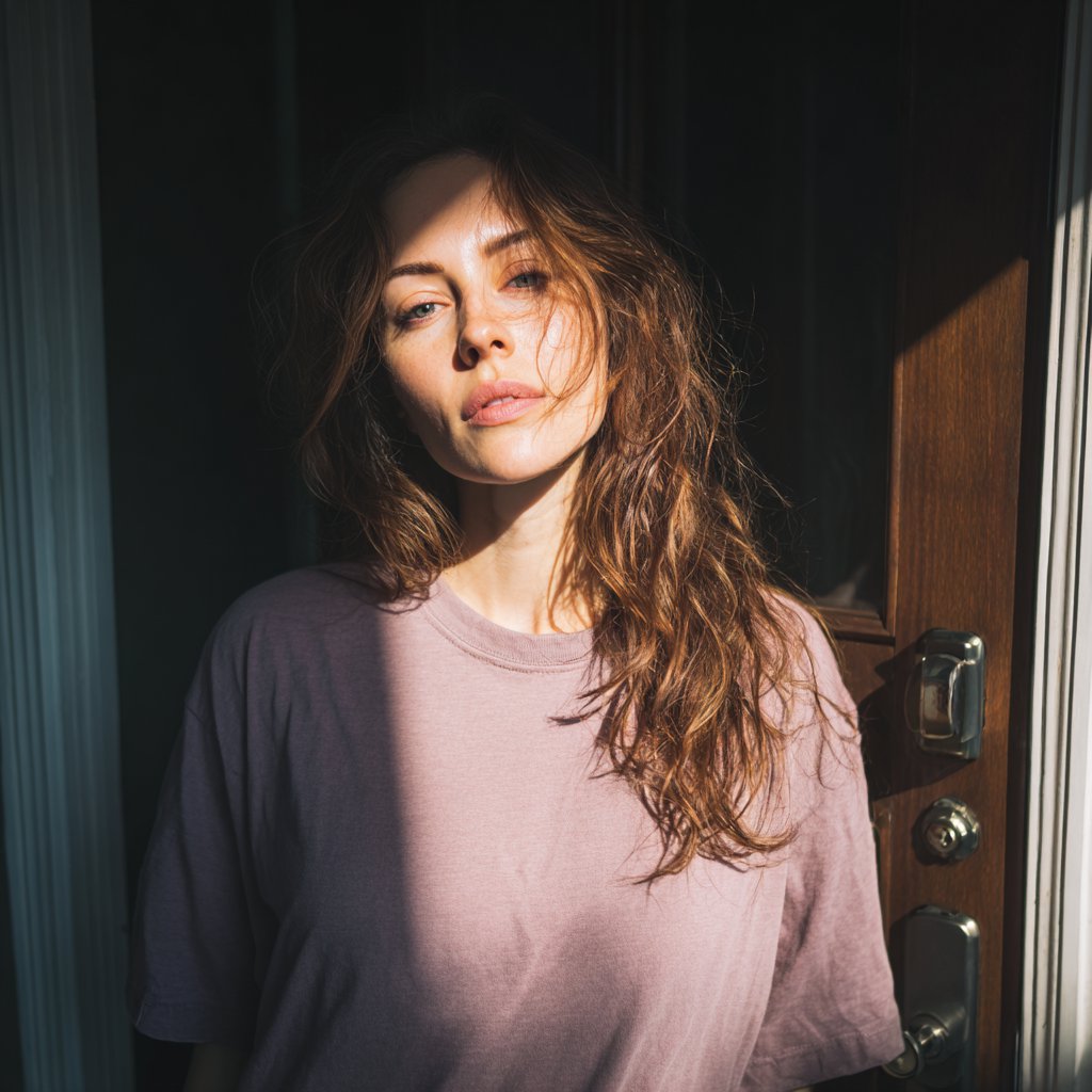 A woman wearing a lilac t-shirt and standing in a doorway | Source: Midjourney