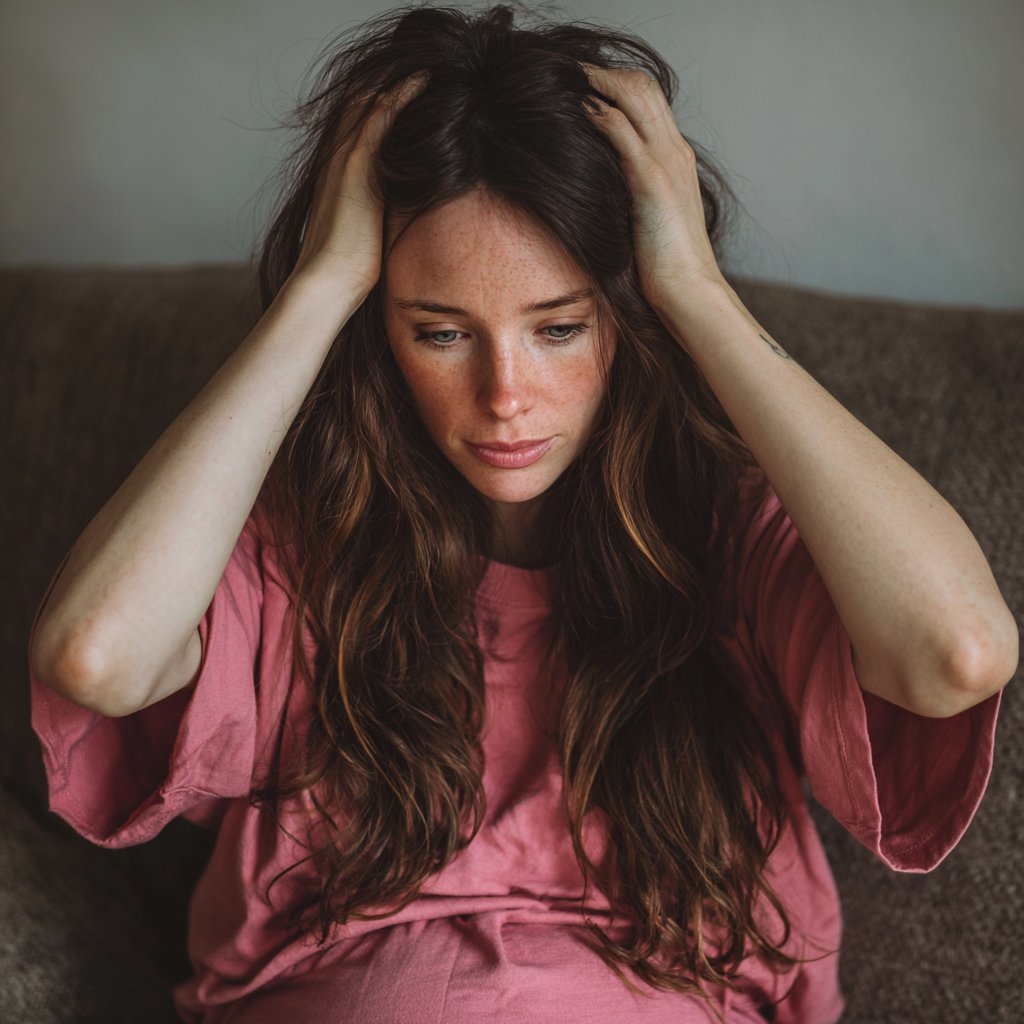A pregnant woman sitting on a couch with her hands on her head | Source: Midjourney