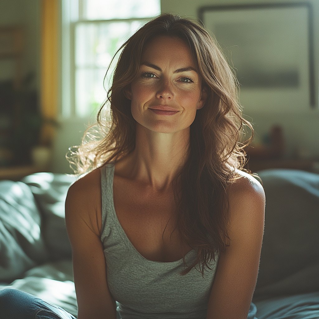 A happy woman sitting at home | Source: Midjourney