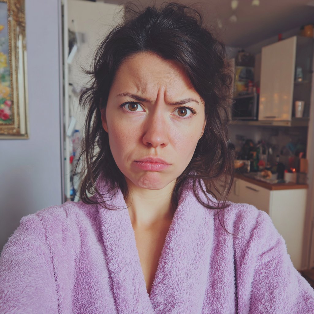 A frowning woman wearing a lilac robe | Source: Midjourney