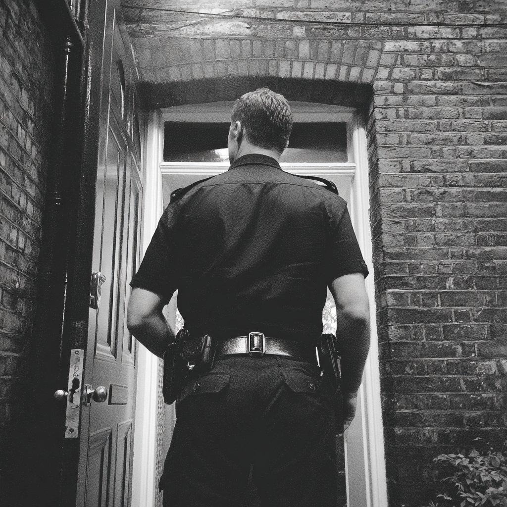 A police officer standing at a front door | Source: Midjourney