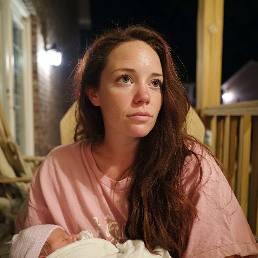 A woman sitting on a porch and holding her baby | Source: Midjourney