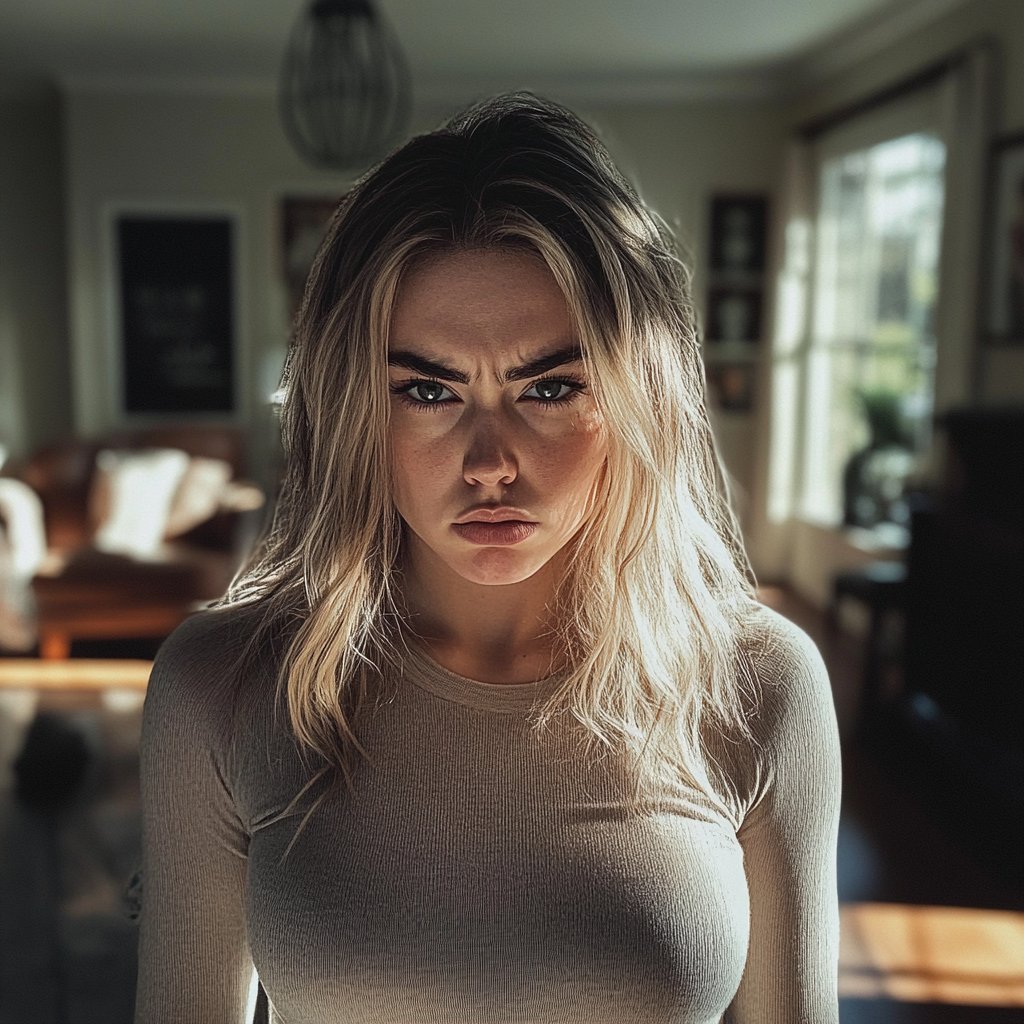 An angry woman in her living room | Source: Midjourney