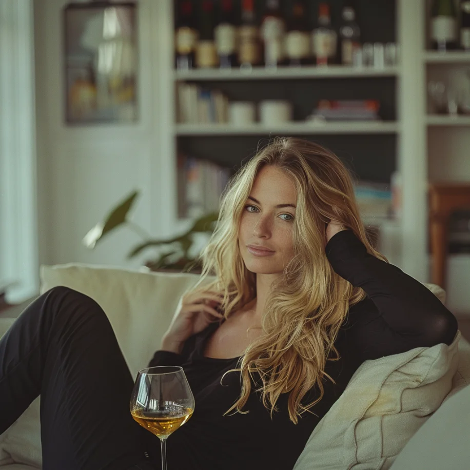 A woman relaxing on the couch with a glass of wine | Source: Midjourney