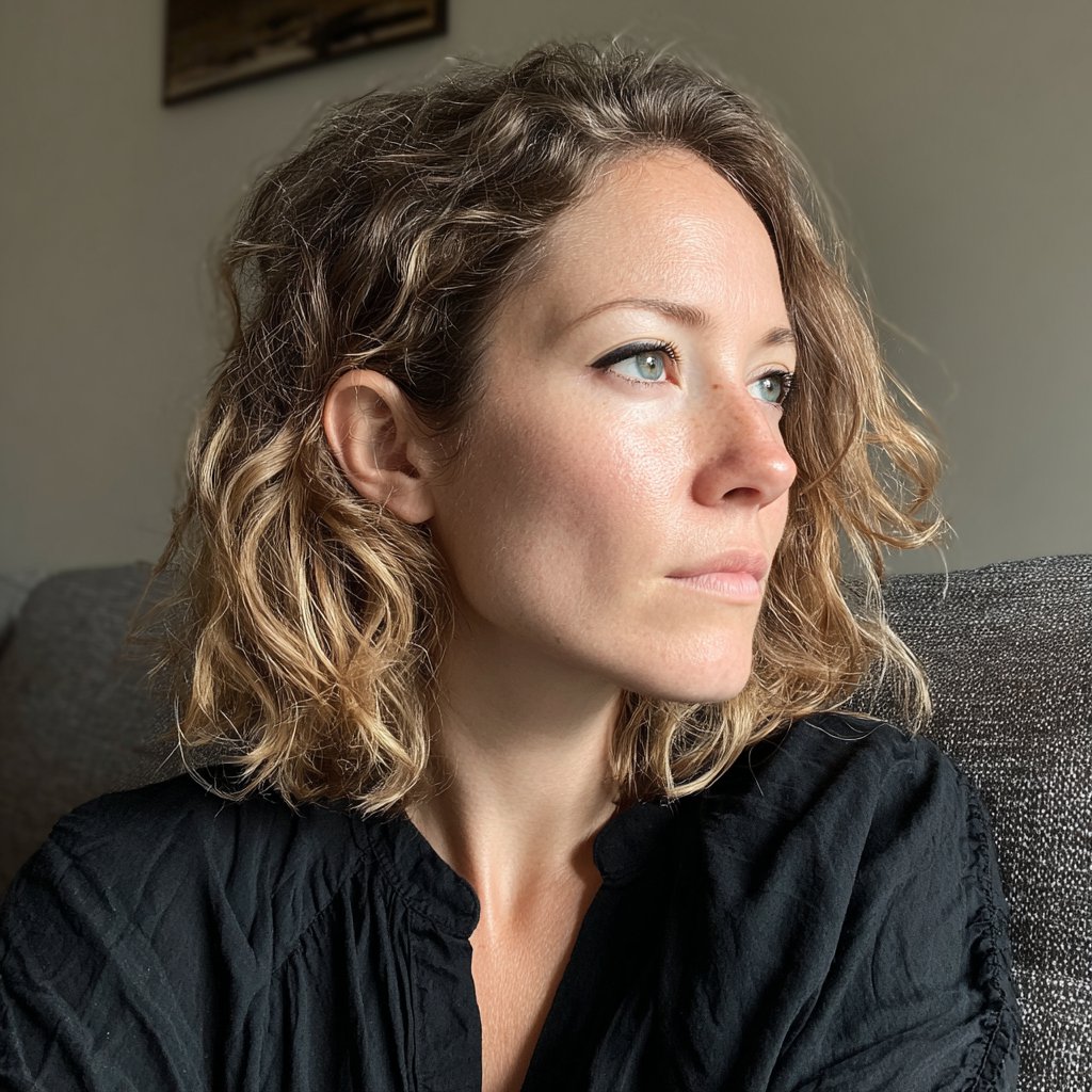 A pensive woman sitting on a couch | Source: Midjourney