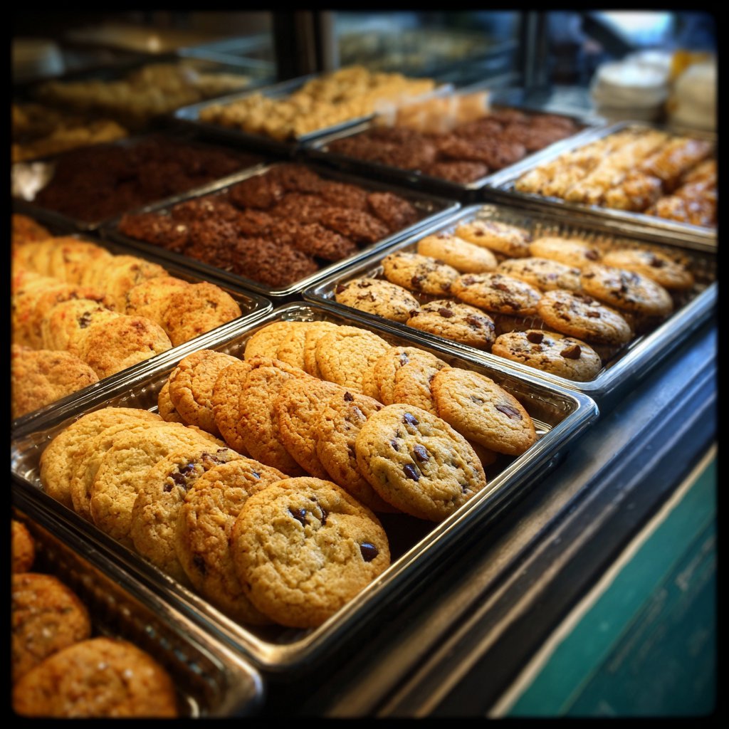Trays of cookies in a display case | Source: Midjourney
