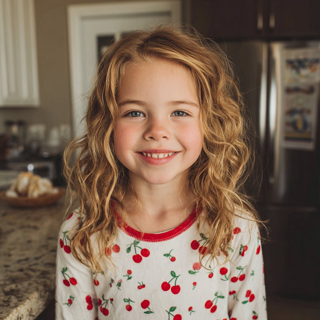 A smiling little girl wearing pajamas | Source: Midjourney