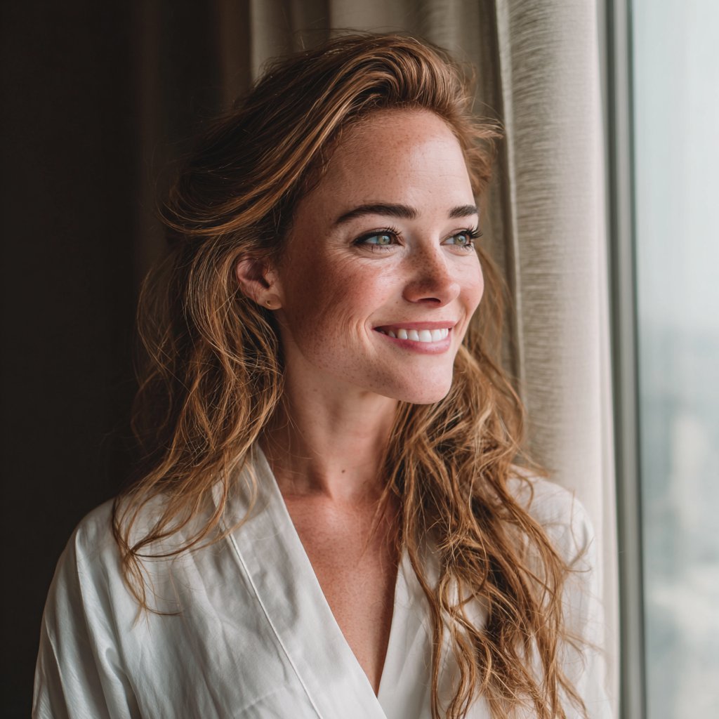 A smiling bride standing in a white dressing gown | Source: Midjourney
