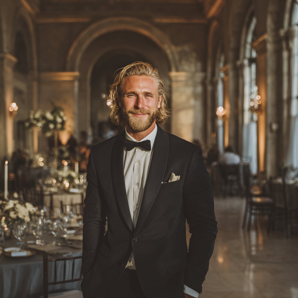 A smiling groom at a wedding reception | Source: Midjourney