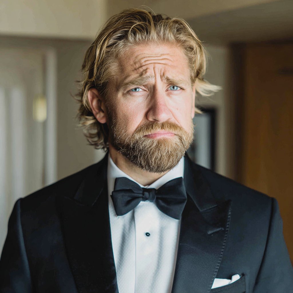 A frowning groom wearing a black tux | Source: Midjourney