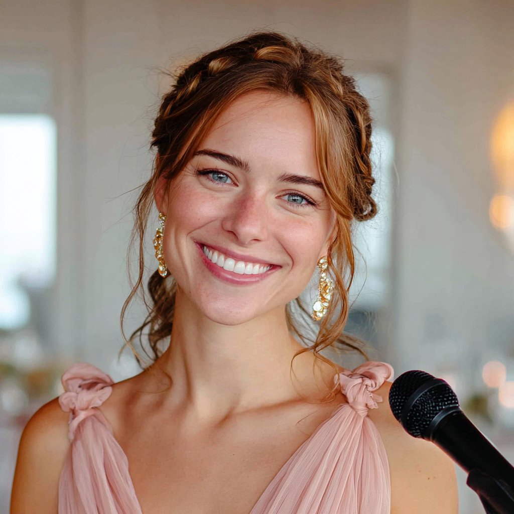 A smiling woman standing with a microphone | Source: Midjourney