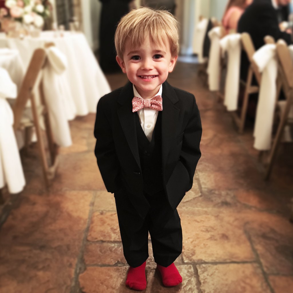 A smiling little boy wearing a black suit and red socks | Source: Midjourney