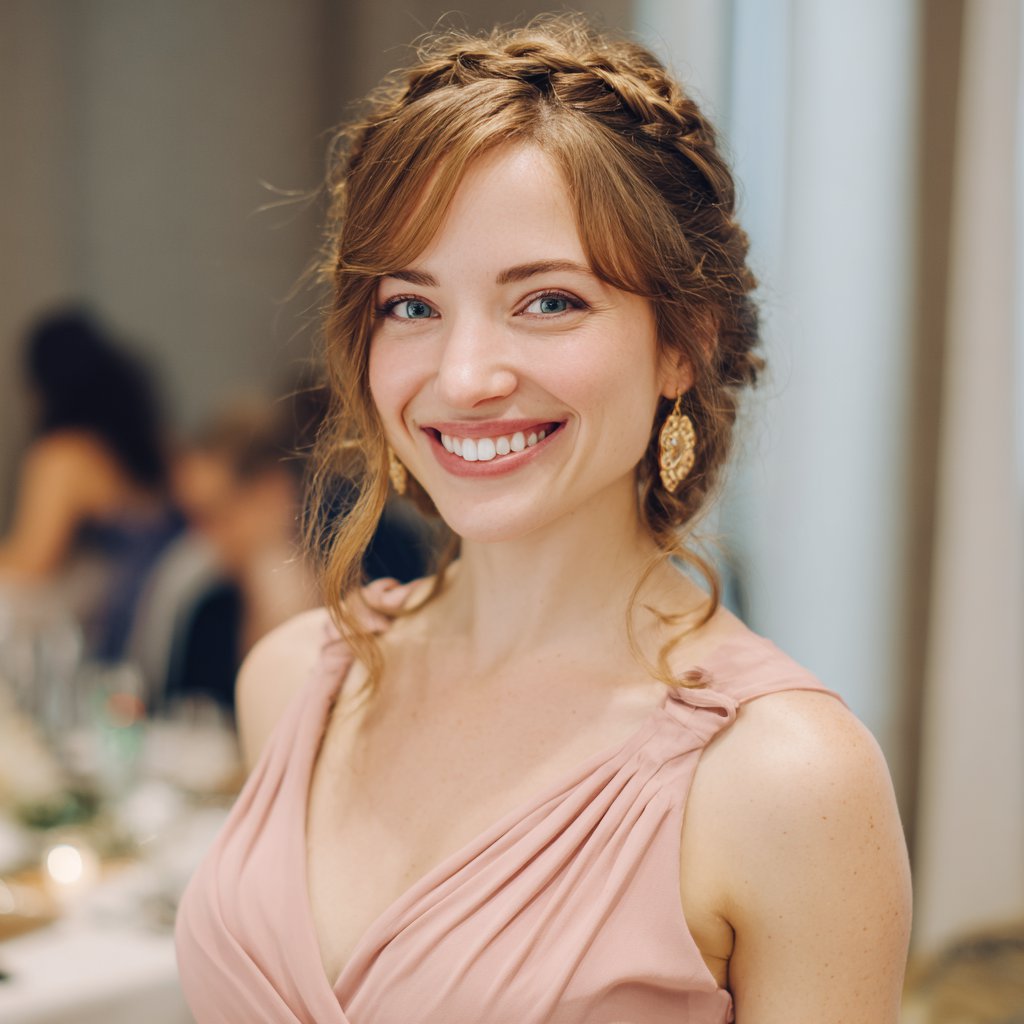 A smiling woman wearing a pale pink dress | Source: Midjourney