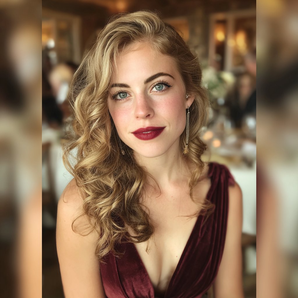 A woman wearing a maroon dress at a wedding reception | Source: Midjourney