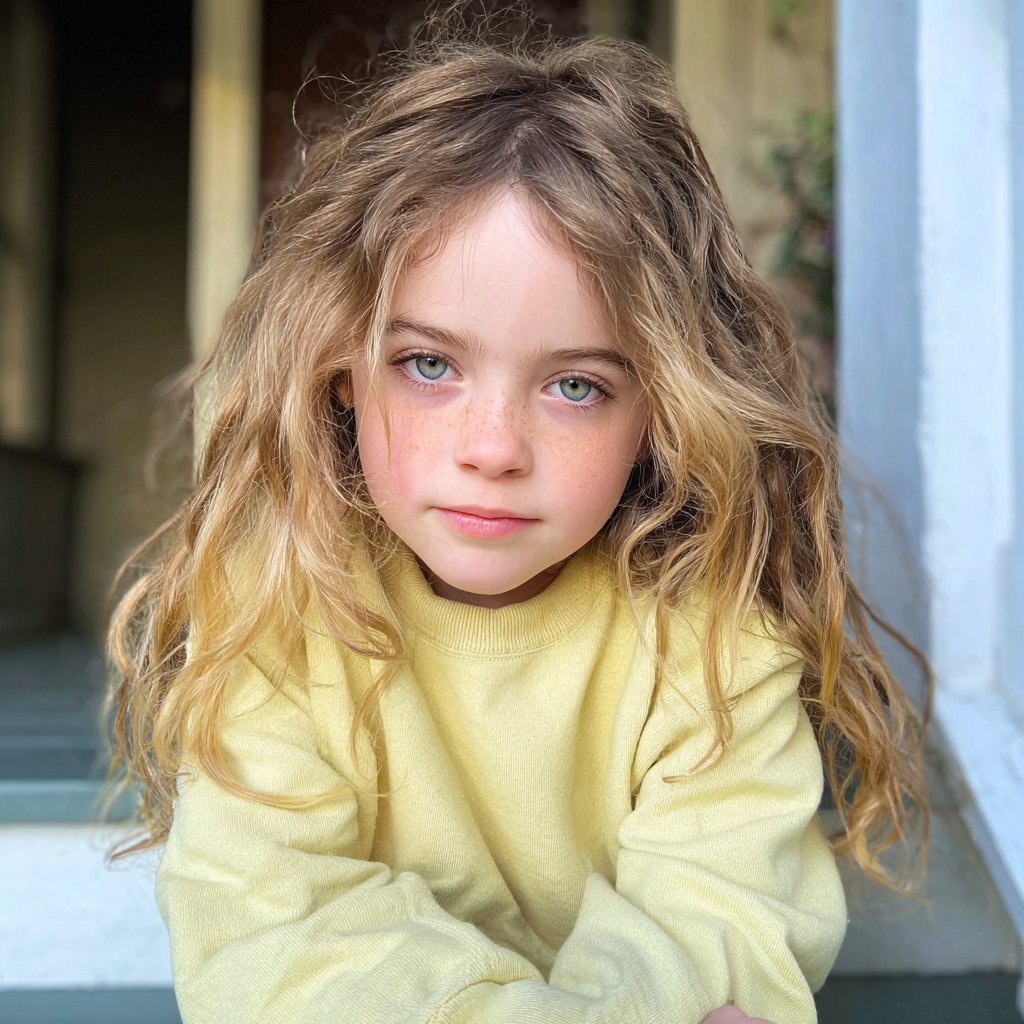 A little girl sitting on a porch step | Source: Midjourney