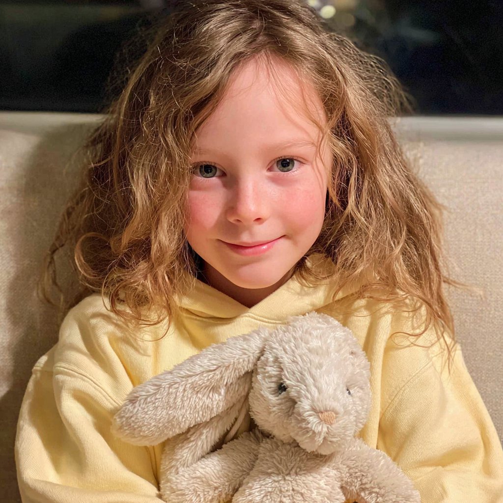 A smiling little girl holding a stuffed bunny | Source: Midjourney